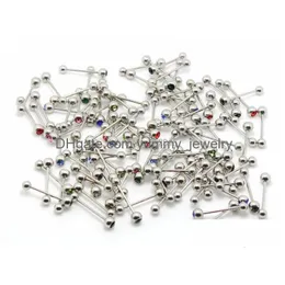 Dil Yüzük 100 PCS MIX 10 RENK PASLANMAK ÇELİK KULLANIMI Bir tarafı Kristal Top Piercing Barbell gövde takı Moda Damla Teslimat DHFJH