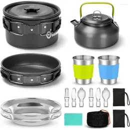 Cookware Sets Odoland 15pcs Camping Mess Kit Non-Stick Lightweight Pot Pan Kettle Set With Stainless Steel Cups Plates Forks