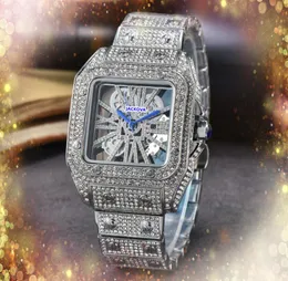 Hip -Hop -Out -Männer hohl Skelett Designer Uhr Square Diamonds Ring Quarz Tischuhr Rose Gold Silber Kalender Drei Stiches Styles glänzen Sky Starry Uhren