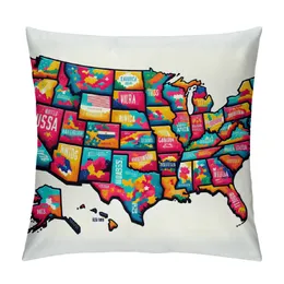American Map Throw Pillow Cover Educational Geography Cities White Earth Technology Colorful Decorative Pillow Case Home Decor Square Pillowcase