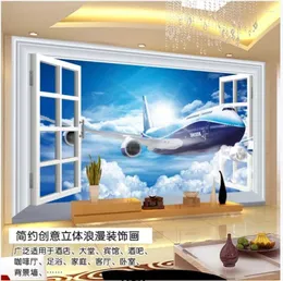 Papéis de parede Papéis de parede Po 3D Murais Wallpaper para paredes Janela paisagem Blue Sky Clouds White Airplane TV Parede