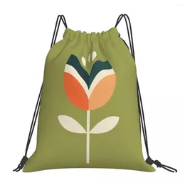 Ryggsäck retro tulpan - orange och olivgrön bärbara dragkampsäckar buntskor på väskan för resestudenter
