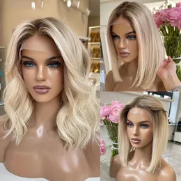 Brasiliansk askblond peruker hd 13x4 transparent spets fram peruker vit blond kroppsvåg peruk rak förplucked simulering korta mänskliga hår peruker för kvinnor