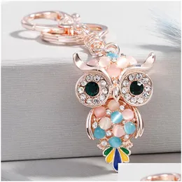حلقات رئيسية حقيبة سحر سلسلة Opal Owl لطيف مفاتيح سيارة Rhinestone Ring حامل للنساء الفتيات أزياء المعادن قلادة keyyrings المجوهرات dhkmi