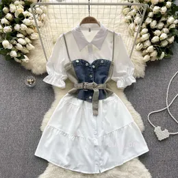 Åldersminskande bubbelärmad skjorta kjol uppsättning för kvinnors sommarkläder 2023 Ny mångsidig denimsusder topp med tvådelar yttre outfit