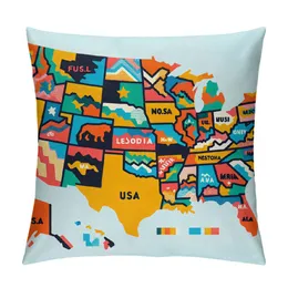 Kartkudde skam, USA -karta med namn på stater i Amerika geografikartografi tema, dekorativ standard drottningstorlek tryckt kudde, rödgul