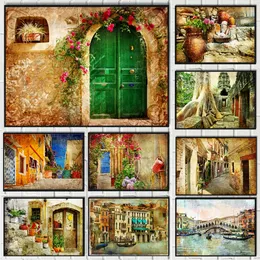 Vintage Water City Venice Town Street Landscape Flower Door Posters Metal Signs Retro Window Wall Art Decor for Living Room Home
