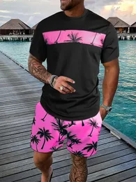 Mens Summer Tropical Coconut Tree Print Graphic Short Sleeve Shorts Set Summer Mens Crew Neck T-Shirt and Drawstring Short Set 240529