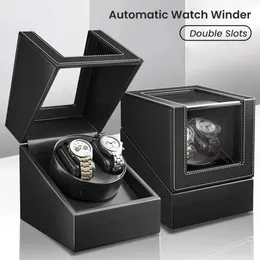 자동 시계 용 더블 시계 와인 더 자동 시계 와인 더 가죽 박스 2 슬롯 조용한 모터를 가진 남성을위한 시계 와이더 240528
