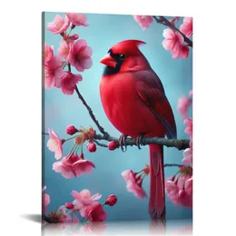 Wiosna lato czerwone kardynał ptaki różowe kwiaty płótno sztuka ścienna piękne ptaki wydruki dekoracje domu zdjęcie do sypialni w łazience biuro kuchenne