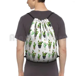 Backpack Cactus Pattern Drawstring Bag Riding Climbing Gym Succulent Flower Flowers Floral Botanical Desert Green