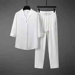 Masculino de verão definido moda versátil meia manga gelo estilo étnico size size de duas peças respirável e legal 240518