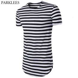 Striped Longline T Shirt Men Summer Short Sleeve Extra długie męskie koszule