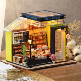 DIY木製ケーキカサドールハウスミニチュアビルディングキットデザートショップドールハウス女の子のための家具ライト
