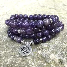 8 mm perle naturali Ametiste 108 Bracciale Mala o collana Om Lotus Charm Yoga Bracciale Gioielli fatti a mano viola 240529