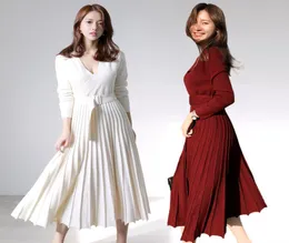 Hamaliel New Fashion Women 니트 주름 드레스 드레스 가을 겨울 긴 소매 두꺼운 스웨터 드레스 캐주얼 섹시 V 목 새시 드레스 T19088335917