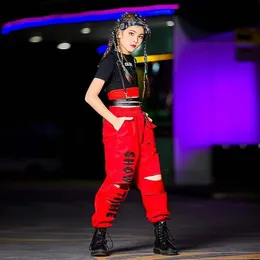 Krótkie rękawy Hip Hop Red Pants Kids Katwalk Jazz Stage Nosuj Hip Hop Ubrania dla dziewcząt Cool Street Dance Outfit