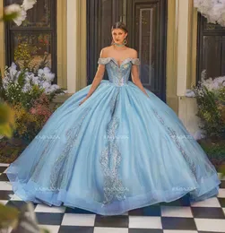 Sky Blue Mexican Quinceanera Abite Abito da ballo Maniche lunghe Cristalli scintillanti Charro Sweet 16 Abiti 15 Anos