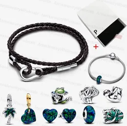2024 Charm 25 silver designer bracelets for women Climbing Frog Pandoras Moments Brown Braided Double Leather Bracelet Green Heart Stud Earrings luxury jewelry