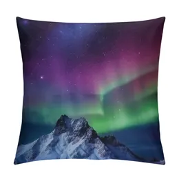 Aurora Throw Pillow Cushion Cover, Southern Iceland on Sky Over Rocky Hills Wild Night View, Decorative Square Accent Pillow Case, Blue Lime