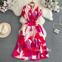 Bohemian Beach Resort Beach Long Dress Gentle Style Short Sleeve V-Neck Waistband Mid length A-line Plaid Dress