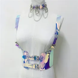 Sexy Costumes jarretelles PVC Transparent brillant Laser ceinture de harnais Cage corporelle pour femmes sangles holographiques en 216z