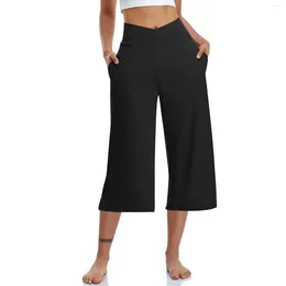 Women's Pants Women Elastic High Waist 3/4 Pant Casual Active Fit Wide Capris Leg Trousers With Pockets Pantaloni Donna Damen Hose 2024