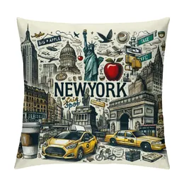 New York City Doodles Throw travesseiro Caixa 16x16 Estátua da liberdade, Broadway, café, museu, Central Park Pillow Cushion Cover Decorações de casa decorativa