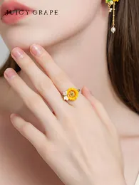 Juicy Grape Brand Designer Women Rings Fashion Luxury High Quality Jewelry Sweet Enamel Suower Flower Ring Women's Instagram Unique Design with Adjustable Opening