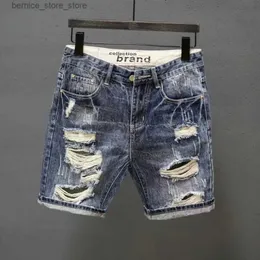 Mäns shorts Mens Ripped Denim Shorts Fashionable Summer Slim Shorts Pants With Ejressed Ripped Design Holes Korean Style Short Jeans Male Q240529