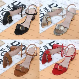 Designer high Heels shoes White red Brown Mid Heel Leather Slides Sandals metallic laminate Black low women sandal Luxury Ankle Buckle chunky summer Sexy slide