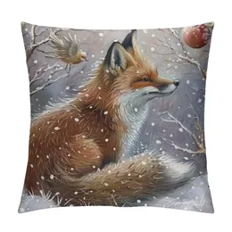 White Snowy Winter Rustic Throw Pillow Covers Snowflakes Fox Bird Printed Decorative Farmhouse Pillowcase for Couch Sofa Seating Bench