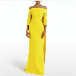Eleganckie długie żółte krepowe sukienki wieczorne z rozciętą Mermiad Bateau Neck 3/4 Rękawy muzułmańskie podłogę Długość zamek błyskawiczne sukienki na imprezę dla kobiet