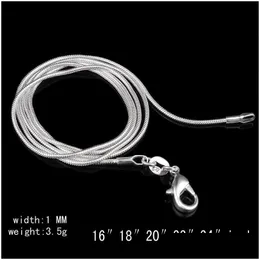 Łańcuchy hurtowe 16--34 cali 1 mm gładki wąż 925 Sterling Sier Lobster Zapięcie naszyjniki dla kobiet biżuteria