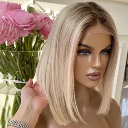 Brasiliansk ombre blondin rak peruk glueless förpluckad höjdpunkt kort bob mänskligt hår peruk för kvinnor 13x4 hd spets frontala peruk