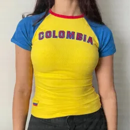 Gothic Fashion T-Shirt Kolumbien Print Punk Grunge Patchwork Tees Streetwear Frauen Y2K Kleidung Ästhetik süßes Mädchen Slim Crop Top 240517