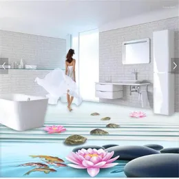 Обои напольные покрытия на квадратных метрах для продажи ширина и длина рассчитанная свежая галька Lotus 3D Пол ванной комнаты