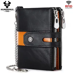 HUMERPAUL Genuine Leather Mens Wallet Fashion Quality Travel Purse Rfid Protect Credit Card Holder Wollst for Men with Chain 240529