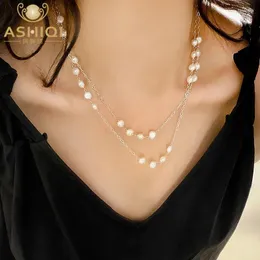 سلاسل Ashiqi 925 Sterling Silver Natural Baroque Freshwater Pearl Necklace Long Sweater Stain for Girls Fashion Jewelry