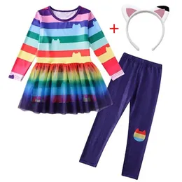 Calças de vestido de bonecas de gabbys definido para crianças da primavera meninas gabby gato carnaval role figurino festas de aniversário figurino 4-10 y 240514