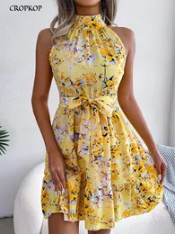 Mulheres de verão Sexy Floral Print Dress curto Bandagem Holida de férias praia