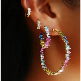 Rainbow Colorful CZ Hoop Earring Gold Color Classic Gorgeous European Fashion Huggie Jewelry for Women 240529