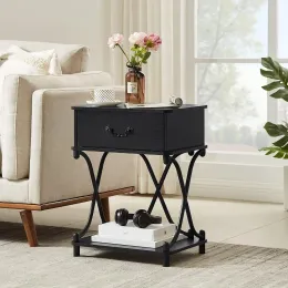 FCH 2-Pack Nightstand With Drawer And Open Shelf - Bedroom Side Tables With Charging Station, Black