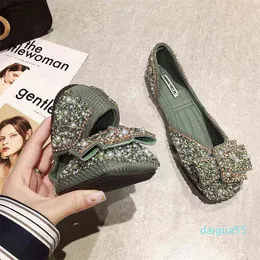 Sandals Women Ballet Flats Bling Crystal Diamond Dress Ladies Bow Sequins Single Shoes Rhinestone Glitter Square Toe Plus Size 43