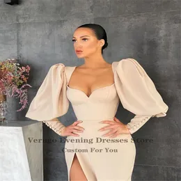 Verngo New Vintage Champagne Puff Long Sleeves Evening Dresses Side Slit Sweetheart ChiffonSatin 2021 Modern Formal Party Gown LJ1381536