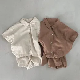 Erkek Giyim Setleri Yaz Bebek Erkek Giysileri Takım Çocuklar Keten Pamuk Yoklu Gömlek Pantolon 2 PCS KIZ GİBİ KIZLAR SAAT SET 240529