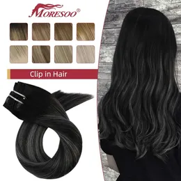 Hår wefts Moresoo Clip i hårförlängningar verkliga mänskliga hårbalayage 16-24 tum dubbel inslag kvinnor hårklipp remy rätmaskin Q240529