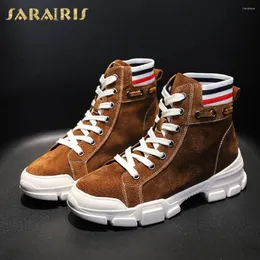 أحذية اللياقة البدنية Sarairis 2024 تصميم العلامة التجارية Flock Women Boots منصة جولة Tee Med Heels Flats Spring/Autumn Disual Woman