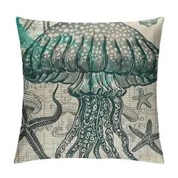 Vintage Marine Life Decorative Pillow Covers Cut Jellyfish Starfish Home Throw Pillowcase  Cushion Cover h for Couch Bedroom Decor