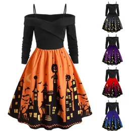 Kvinnor Pumpkin Party Print Dress Halloween Long Sleeve V Neck Vintage Casual Plus Size Dresses Vestido Corto Mujer FD Y0903 2537